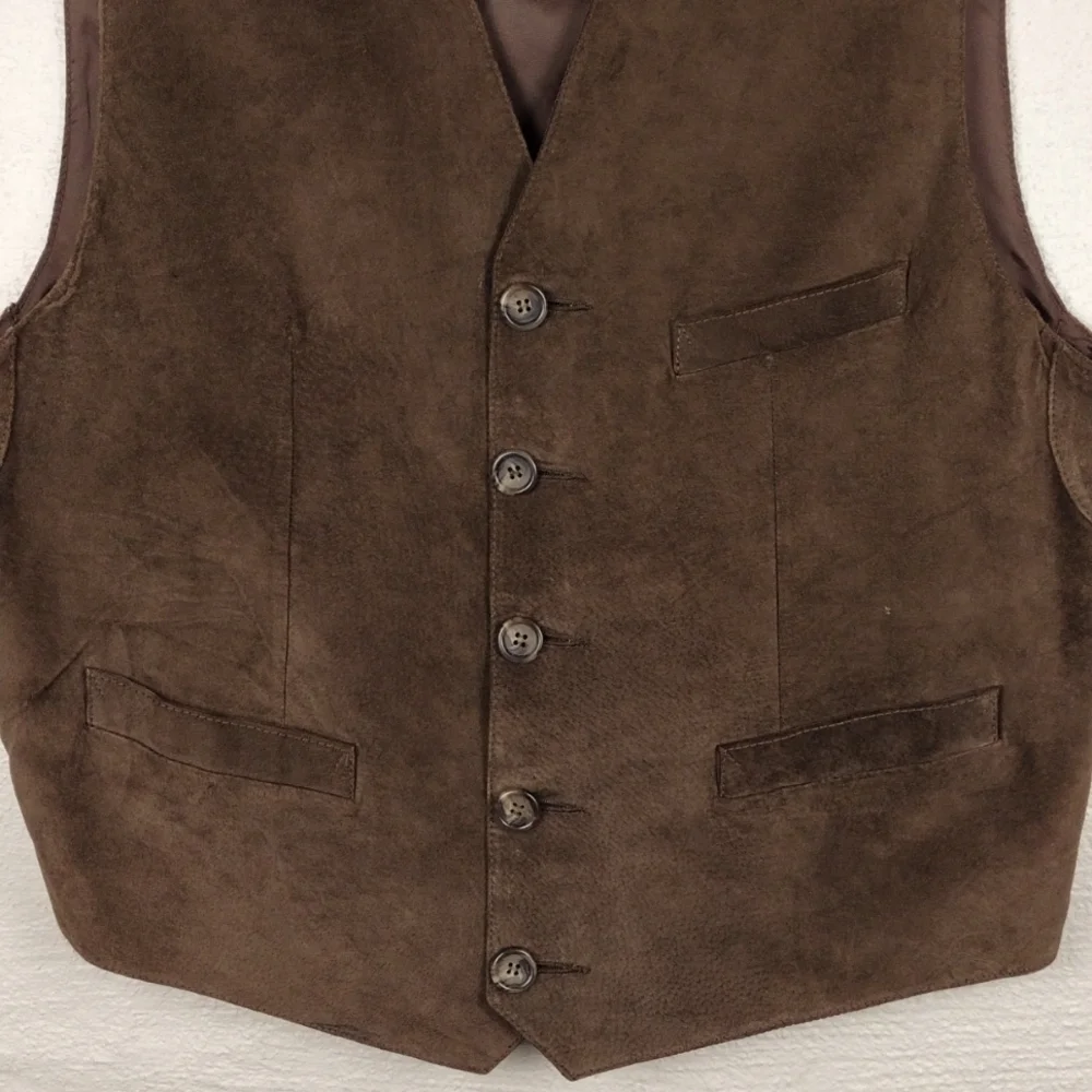 Lineage Vintage Brown Suede Leather V-Neck Sleeveless Button Front Casual Vest